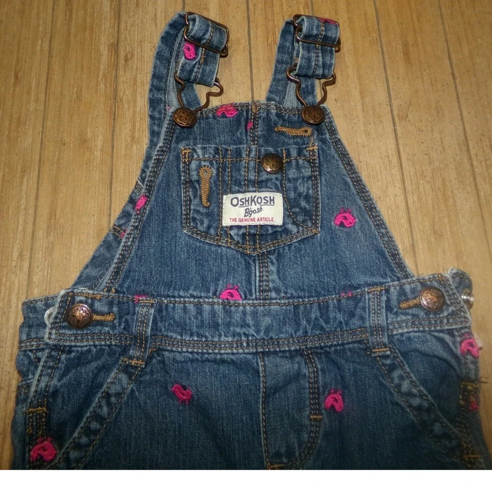 OshKosh Bgosh Baby Girls 12M Vintage Denim Overalls Pink Bird Embroidered